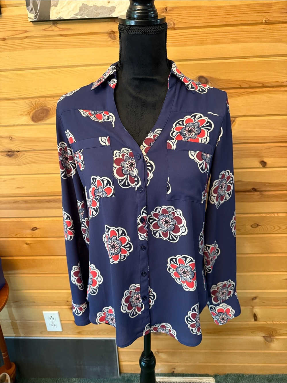 Express Navy Button-Front Blouse with Red and White Floral Print